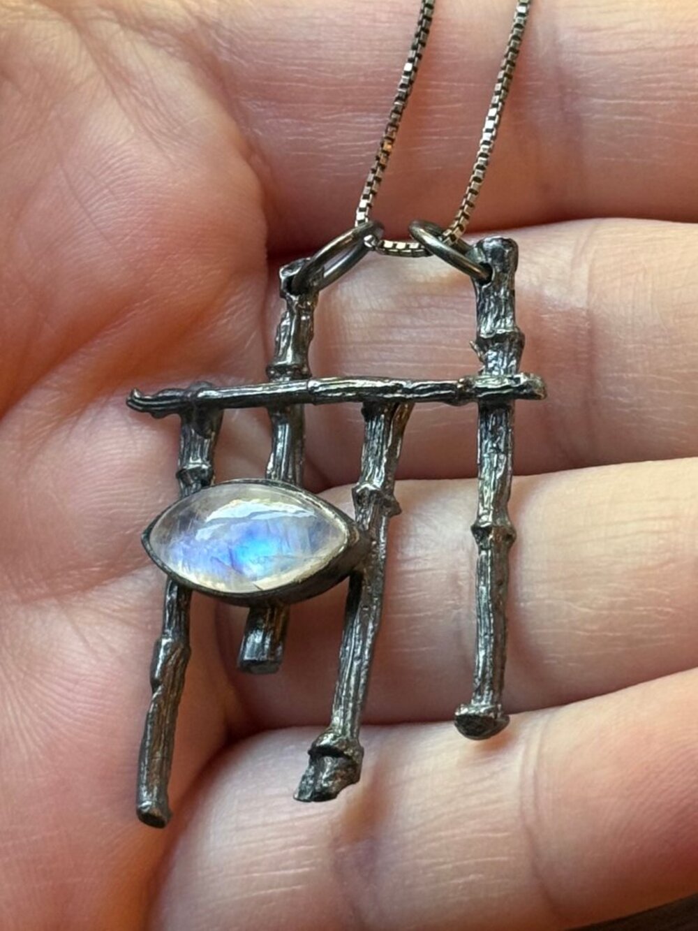 Unique Artisan Moonstone and Sterling Silver 925 Pendant Necklace